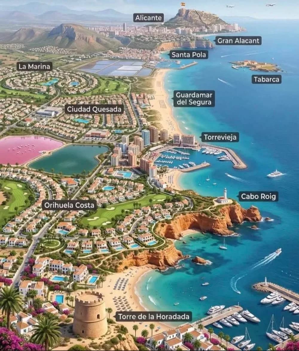De kustplaatsen van Costa Blanca Zuid, van Alicante tot Torre de la Horadada.